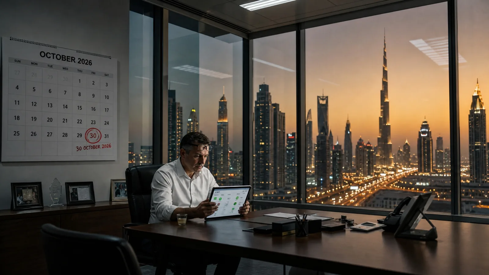 Finance controller in a glass-walled DIFC office at dusk, ERP tablet open, 30 October 2026 circled on wall calendar