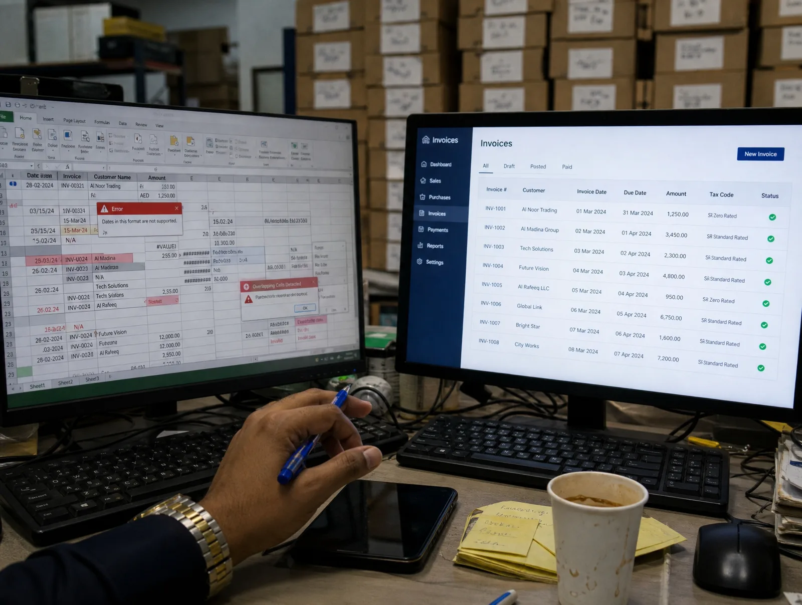 Split view of chaotic Excel spreadsheet and clean ERP dashboard on adjacent monitors in a Deira back-office