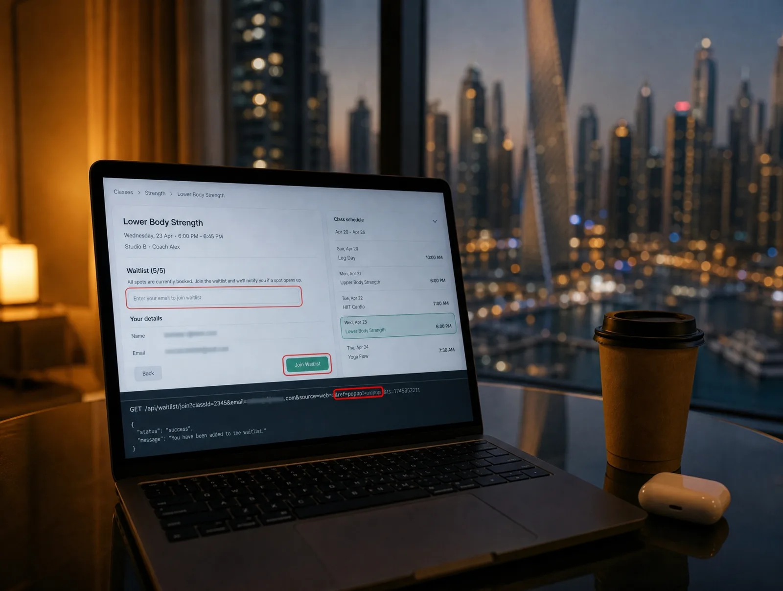 Laptop on glass table showing gym booking interface with red audit overlay, Dubai Marina skyline bokeh behind