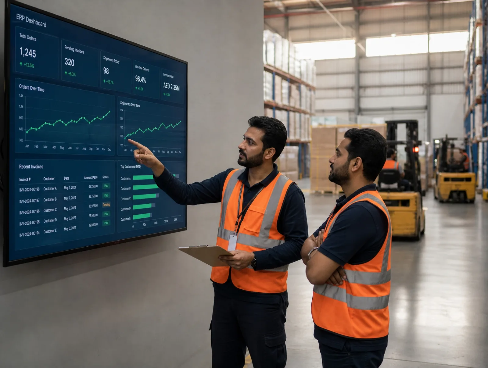 Two warehouse supervisors in hi-vis reviewing a wall-mounted ERP dashboard in a Jebel Ali Free Zone factory, forklifts moving behind