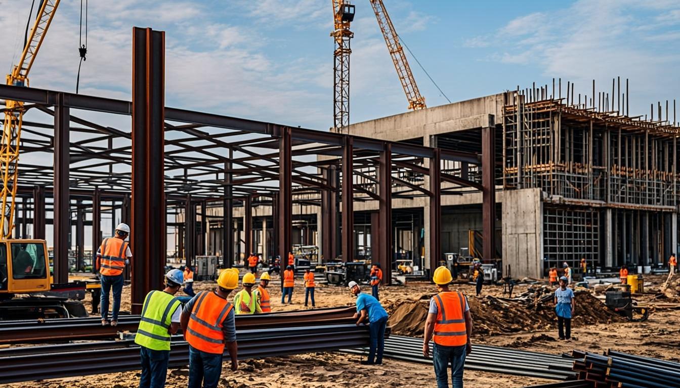 Active construction site with modern equipment and project management demonstrating construction ERP capabilities