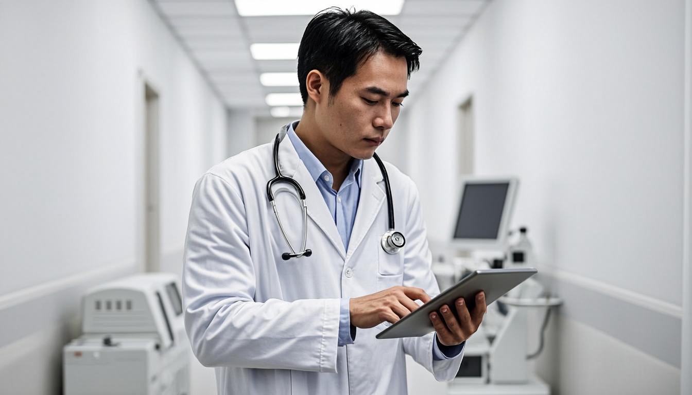 Modern healthcare technology office with advanced patient management systems