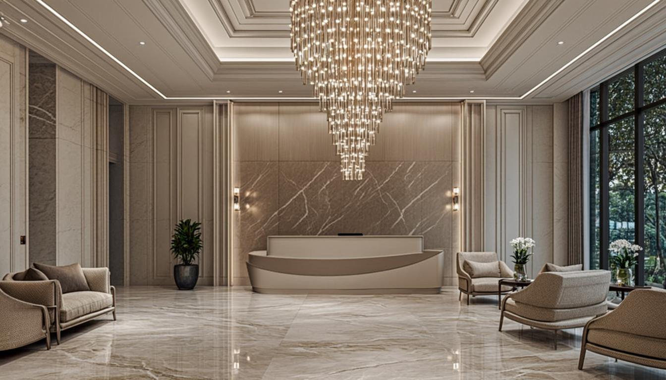 Luxury hotel lobby and hospitality operations demonstrating PMS and guest management